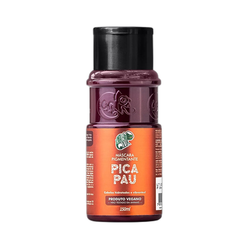 Frasco de máscara capilar pigmentante Kamaleão Pica Pau 150ml com embalagem vinho e tampa preta